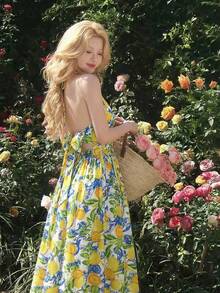 SHEIN MOD Women's Backless Bow-Tie Strap Lemon Floral Dress,Women's Vibrant Lemon Halterneck Midi Dress For Summer Picnics And Garden Parties,Resort Wear,Vacation Dress Tropical,Garden Party Dress,Halter Dress,Lemon Dress Women - Multicolor - View 8