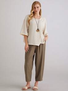 Parysyn Áo kiểu nữ cỡ lớn dáng rộng, màu trơn, thoải mái, cổ tròn, vai rớt, tay cánh dơi, áo tunic nữ mùa hè, áo kiểu kín đáo mùa hè, size S nữ, size S nữ, size S nữ, áo mùa hè nữ, áo mùa hè nữ, áo mùa hè nữ - Màu be - Xem 5