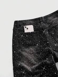 ROMWE MEN Men's Loose Fit Denim Shorts With Sparkling Diamond Star Spray Print Spring/Summer - Black - View 5