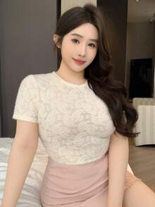 Dazy Plus Große Größen Sommer Lässig einfarbiges Cashew Blumen Jacquard Kurzarm T-Shirt - Aprikosenfarben - Übersicht 6