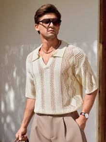 Manfinity RSRT 男士夏季度假纯色短袖镂空针织上衣 男士度假休闲宽松衬衫 男士衬衫套装 男士亚麻服装 - 杏色 - 查看 5