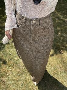 DAZY 女士常规腰围宽松直筒印花街头休闲牛仔裙 - 棕色 - 查看 3