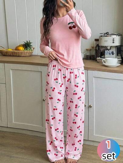 Genkimix Kids 1 Set Girls Pajamas, Top In Ribbed Fabric With Red Cherry Print, Crew Neck, Long Sleeves, Ruffled Hem, Matching Bottoms In Soft Brushed Fabric With Pink & White Vertical Stripe And Cherry Print, Comfortable And Cozy, Suitable For Spring, Autumn And Winter Cherry Pajama Set