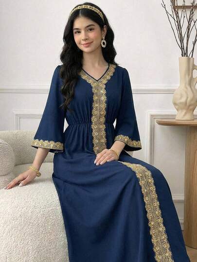 SHEIN Teen Girls' Navy Blue Solid Color Elegant V-Neck Gold Embroidered Applique Long Sleeve Maxi Dress, Graceful Arabian Minimalist Dress, Flared Sleeves, Girls' Spring/Autumn Dress, Suitable For Daily Wear, Dignified Girls Navy Blue Abaya Teenager Dress Abaya Long Modest Dresses For Girls Muslim Girl Dress