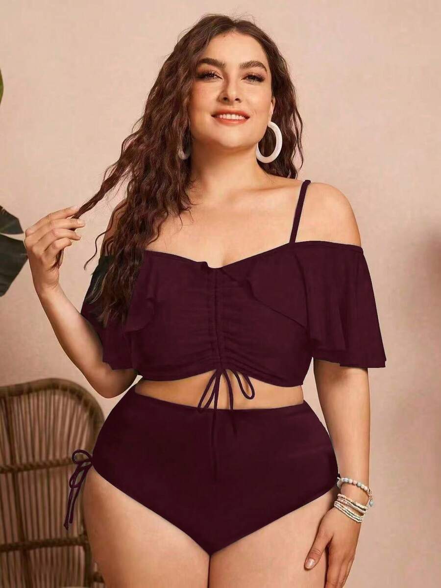 Swim Chiccia Bộ đồ bơi cỡ lớn dành cho nữ, gồm 2 mảnh, màu trơn, dây mảnh, hở vai, có bèo nhún, dây rút, kiểu dáng rời, thời trang, thanh lịch, thích hợp cho kỳ nghỉ hoặc mặc thường ngày. - Màu đỏ tím - Xem 1
