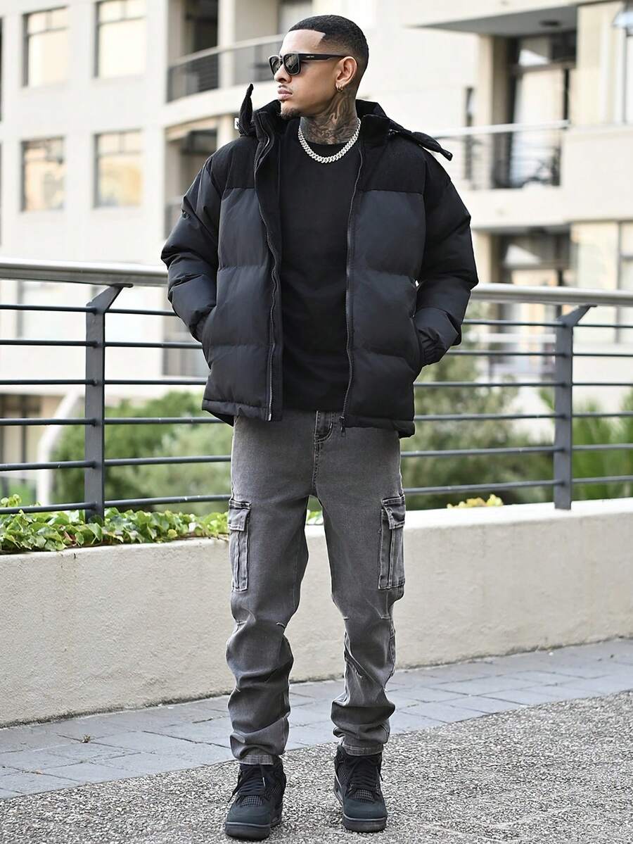 Devon Thys Men's Long Sleeve New Windproof Thickened Warm Casual Hooded Padded Coat - Black - View 1