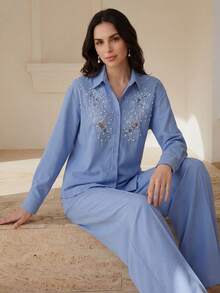 Anewsta Spring/Summer New Hollow Embroidered Lace Applique Beaded Blouse And Pleated Waist Design Pocket Casual Straight Leg Pants Chic 2-Piece Set For Women - Blue - View 3