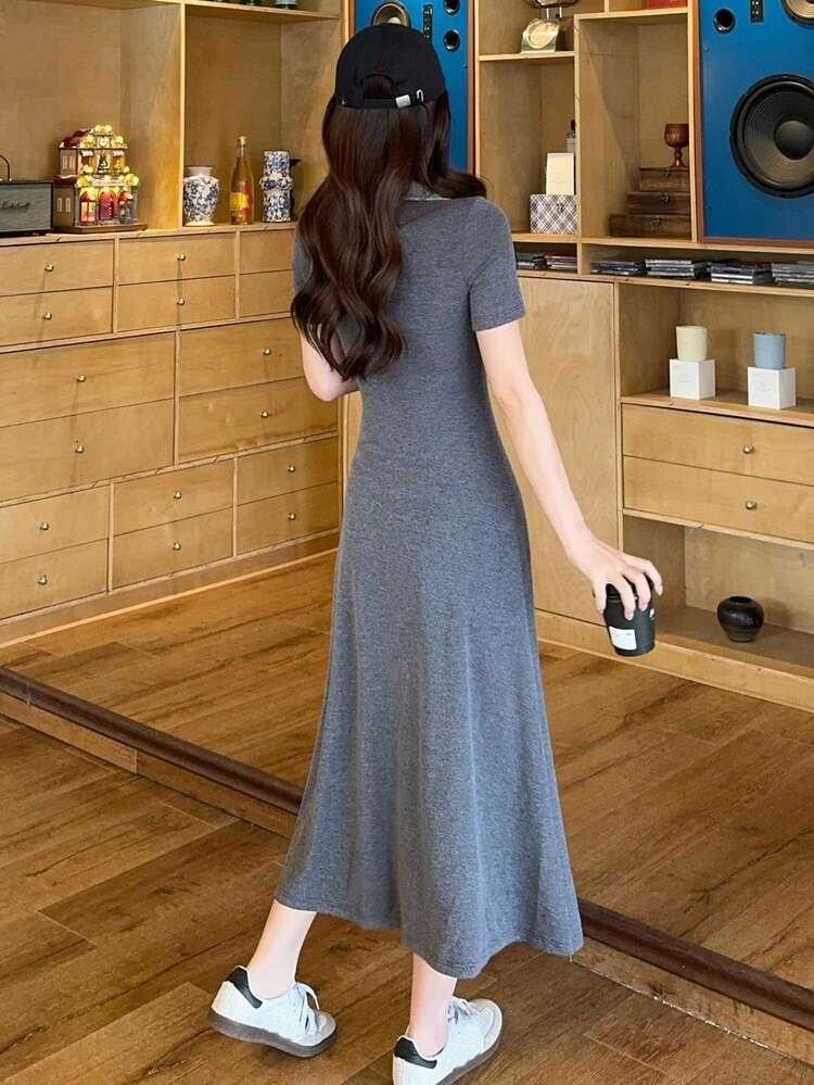 Women's Collared Long Sleeve Knit Dress With Waist Cinching, Long Dress Summer Maxi Dress Sundress