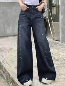 DAZY Quần jeans nữ ống rộng, túi xéo, kiểu dáng thường ngày, chất liệu denim mài, thích hợp mặc hàng ngày. - Xanh đậm - Xem 5