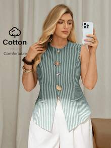 Auralis Plus Size Summer Casual Commuter Striped Front Button Tank Top - Green - View 5
