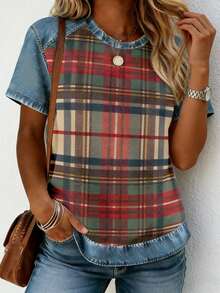 INAWLY Women's Denim-Look Printed Patchwork Crew Neck Long Sleeve Relaxed Fit T-Shirt Colorful Striped Vintage Print Design Perfect For Summer Casual Versatile Style Fashion T-Shirt Stylish T-Shirt Sibling Gift Sister Gift Mom Gift Mother's Day Gift Casual Yet Fashionable Top - Multicolor - View 4