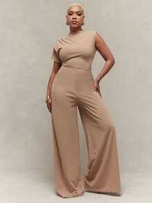 Vixey Textured Jersey Asymmetrical Sleeve Wide Leg Jumpsuit - Camel - View 3