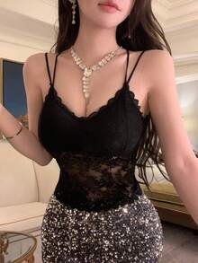 FRIFUL 女士蕾丝拼接性感百搭约会之夜吊带背心，夏季款 - 黑色 - 查看 2