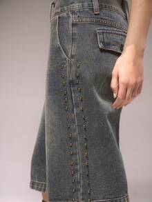 MUSERA Quần short denim hai nút đính đinh tán, chỉ dành cho mùa đông, phong cách đường phố dễ thương, thích hợp đi chơi, thường ngày, kiểu phương Tây, bạc màu. - Rửa nhẹ - Xem 2