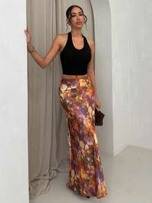 Glamine Elegant Versatile A-Line Skirt, Satin Floral Print Skirt, Summer Apparel, Fitted Fashionable Dress - Light Yellow - View 5