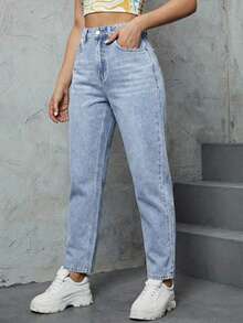 SHEIN ICON Quần jeans nữ màu trơn cạp cao, túi xéo, kiểu dáng thường ngày, đa năng. - Màu xanh lam - Xem 6
