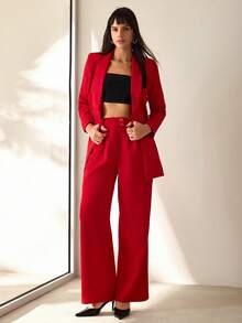 CLARA VERO Women's Solid Color Long Sleeve Blazer And Pants Casual Commuting Office Suit - Red - View 4