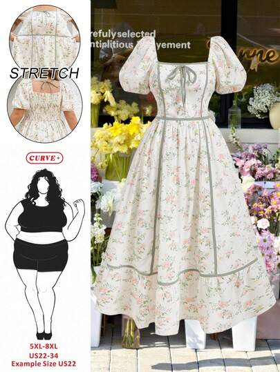 SHEIN CURVE+ CURVE PLUS /Valentine's Day/Plus Size Women's Floral Contrasting Edge, Spring And Summer Romantic Vacation Mid Length Dress, Vacation Dress, Wedding Anniversary