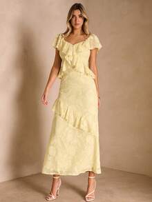 Enchnt 女士纯色荷叶边下摆甜心领优雅短袖连衣裙 - 黃色 - 查看 4