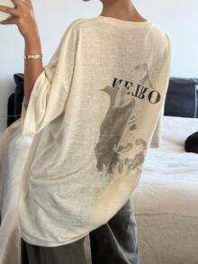 DAZY Women's Summer Round Neck Short Sleeve Sheer Printed Loose Casual Street T-Shirt Graphic Tees Women - Apricot - View 1