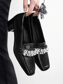 CUCCOO BIZCHIC Women's New Thick Heel Loafers, Fashionable Square Toe Rhinestone Decor Shoes Spring Shoes - Black - View 3