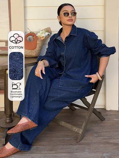 Dazy Plus Plus Size Women Casual Denim 2 Piece Set, Loose Fit Long Sleeve Denim Shirt And Straight Leg Jeans, Spring/Autumn