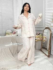 Dazy Plus Elegant Floral Pattern Loungewear 2 Pieces Set, Loose Pocket Lapel Top And Straight Leg Pants, Plus Size Women Spring/Autumn Pajama Set - Yellow - View 6