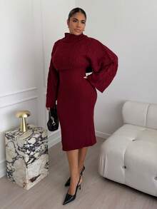 Maria Perezxox 2pcs Women's Casual Knitted Sweater Top And Long Skirt Set, Loose Fit Turtleneck Long Sleeve Crop Top And Skirt, Autumn/Winter - Red - View 4