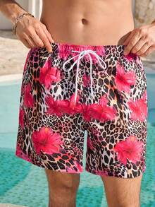 Manfinity VDAYZ Quần short đi biển nam mùa hè in họa tiết da báo và hoa, cạp chun, quần bơi nam in họa tiết da báo, quần bơi nam in họa tiết báo đốm, quần bơi nam màu hồng in họa tiết báo đốm. - Nhiều màu - Xem 4