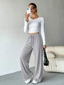 SHEIN Tall Quần ống rộng nữ chất liệu gân, mềm mại, thích hợp cho mùa thu/đông. - Xám - Xem 5