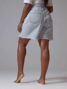 MUSERA Plus Size Mid Rise Distressed Light Wash Longline Denim Shorts Spring Summer Elegant Cute Vacation Casual Everyday Core Denim - Blue - View 4