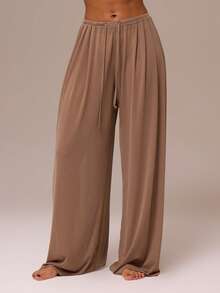 MUSERA ESSENTIALS Drawstring Wide Leg Sheer Mesh Trouser Winter Spring Night Out Sexy Cute Mesh Fitted Essential - Camel - View 2