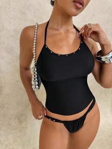 Swim Glamine Women's Solid Color Rivet Decor Halter Backless Top And Triangle Bottoms Tankini Set - Black - View 5