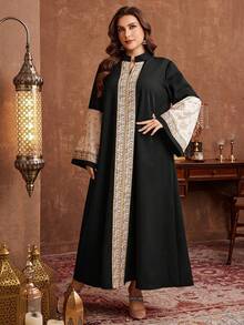 Al Najma Bata larga holgada de talla grande con parches negros, bordados florales y ribetes, estilo turco/árabe, de manga larga, nueva llegada para mujeres - Negro - Ver 5