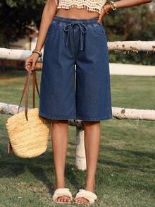 Breezaya Women's Casual Drawstring Waist Cropped Denim Jeans - Navy Blue - View 1