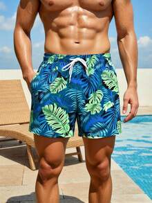 Surfspeed 男士热带印花休闲沙滩短裤 - 橄欖綠 - 查看 1