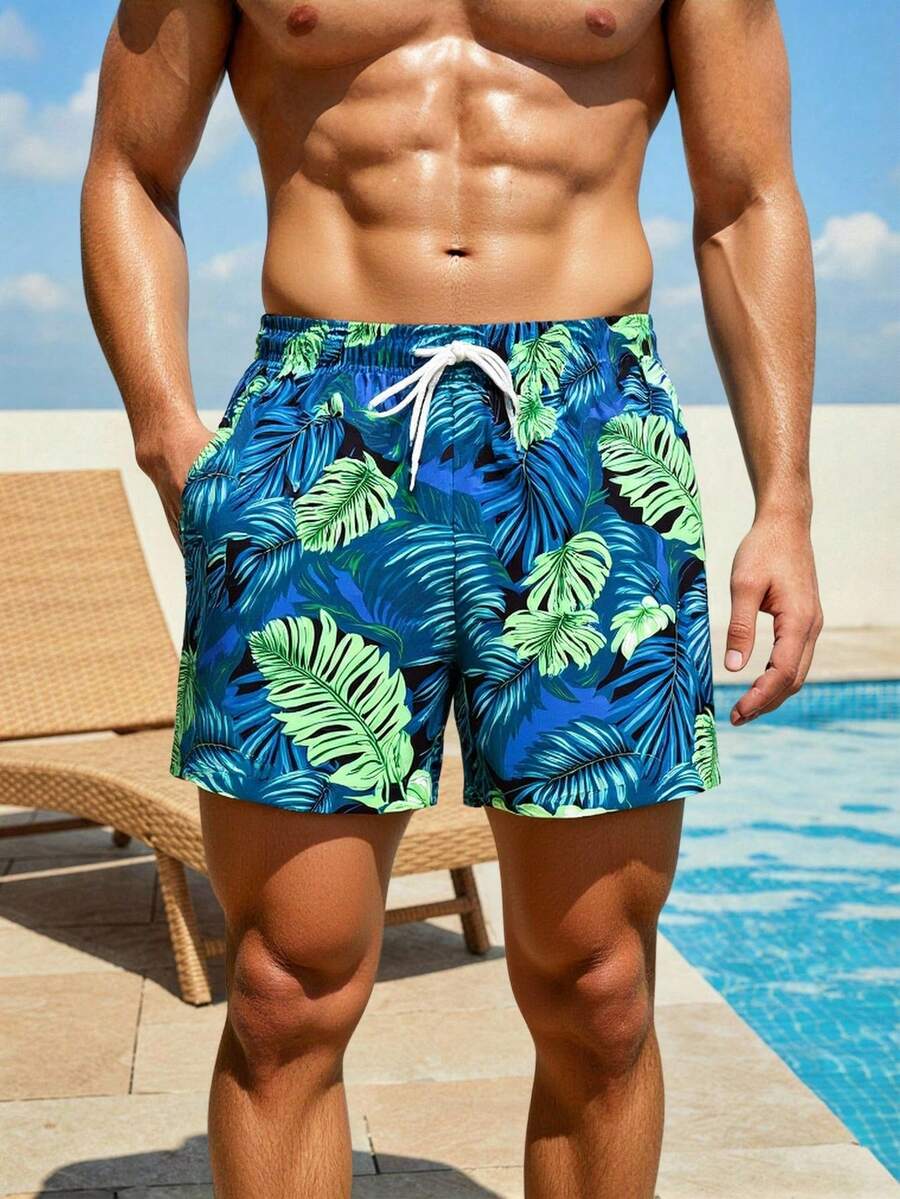 Surfspeed 男士热带印花休闲沙滩短裤 - 橄欖綠 - 查看 1