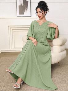 Al Najma 女士优雅拼接水溶蕾丝镂空领阿拉伯风格连衣裙，夏季 - 綠色 - 查看 5