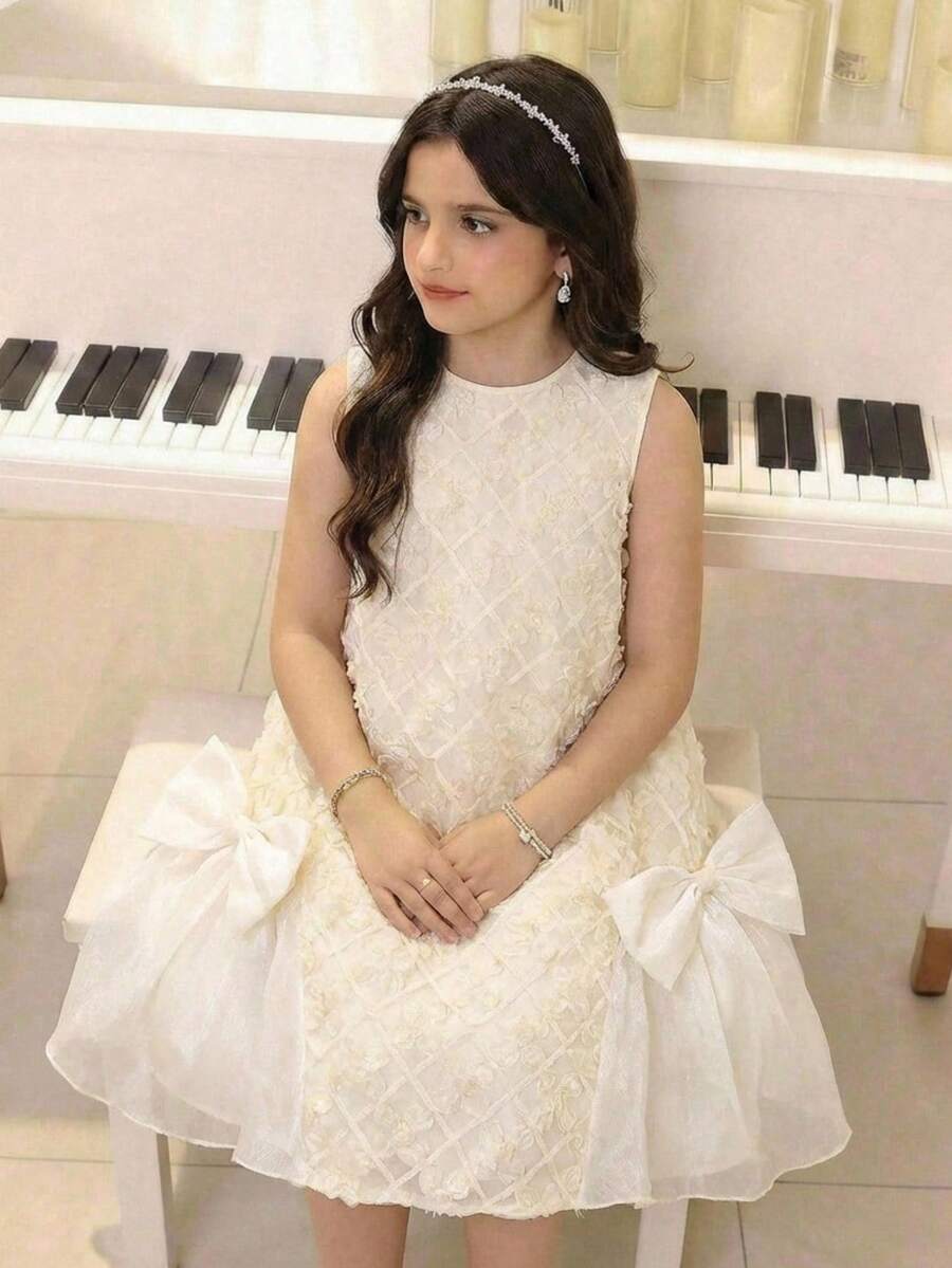 SHEIN Tween Girl Loose Elegant Round Neck Sleeveless Mesh Embroidered Fabric Bow Decor Ruffle Hem Dress Tween Girl - Apricot - View 1