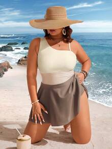 Swim Lushoire Plus Size Women 2pcs Set Contrast Color One-Shoulder Ruched Skirt Swimsuit Beach Cover Up For Summer Beach Vacation - Multicolor - View 6