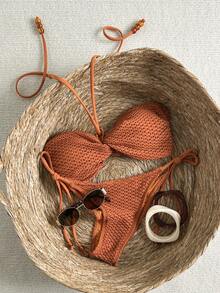 Swim Mod Women's Orange Ruched Halter Tie Sexy Beach Bikini Swimsuit Set, Summer - Orange - View 3