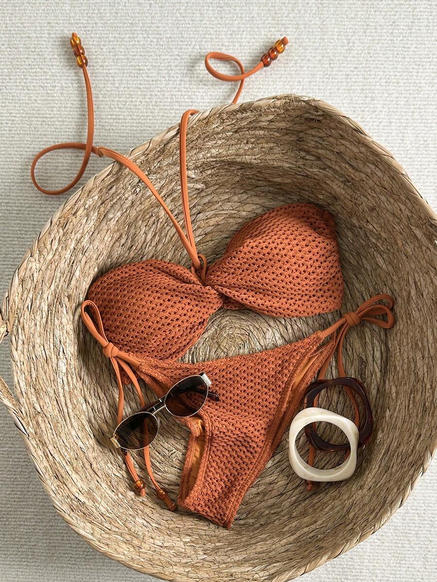 Swim Mod 女士橙色褶皱挂脖系带性感沙滩比基尼泳衣套装，夏季 - 橘色 - 查看 1