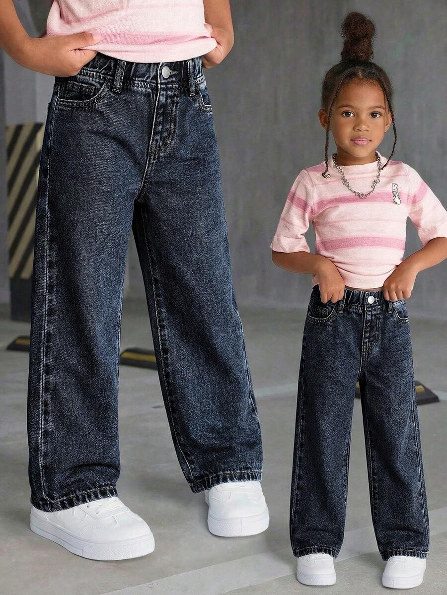 Girls' Versatile Fashion Distressed Straight Leg Blue Jeans - Blue - View 1