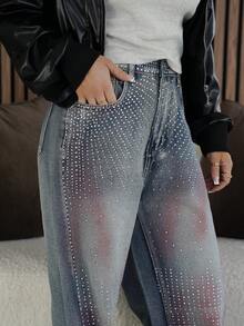 SAYEHFBABY Women's High Waist Pockets Rhinestone Embellished Wide Leg Loose Casual Jeans Bling Jeans Jeans Y2k Rhinestone Denim Sparkly Jeans Red Wash Denim Glitter Jeans Rhinestone Jeans Embellished Jeans - Medium Wash - View 3