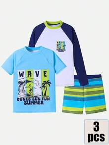 SHEIN 3pcs Kids/Tween Boys' Casual Versatile Printed Rash Guard Set, Including Crew Neck Short Sleeve Swimsuit, Long Sleeve Wetsuit, And Printed Swim Trunks - Multicolor - View 1