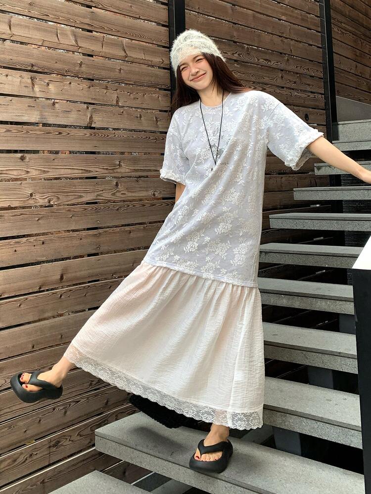 Women's Round Neck Cat Print Lace Contrast Mesh Dress Sundress Summer