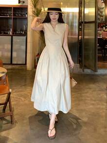 DAZY 女士独特V领无袖中长连衣裙，优雅韩式风格 - 白色 - 查看 8
