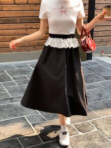 DAZY Rok Kasual Wanita dengan Blok Warna dan Hiasan Renda, Musim Semi/Panas - Hitam - View 6
