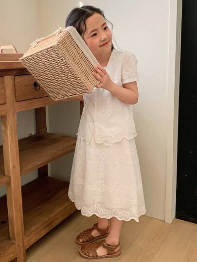 DAZY Girls (Small) Square Collar Fresh Korean Style Lace Short Sleeve Shirt + Skirt Set, Spring/Summer Korean Style