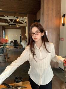 DAZY Women's Striped Lapel Long Sleeve 2 Pieces Shirt Set, Spring/Summer - Apricot - View 3